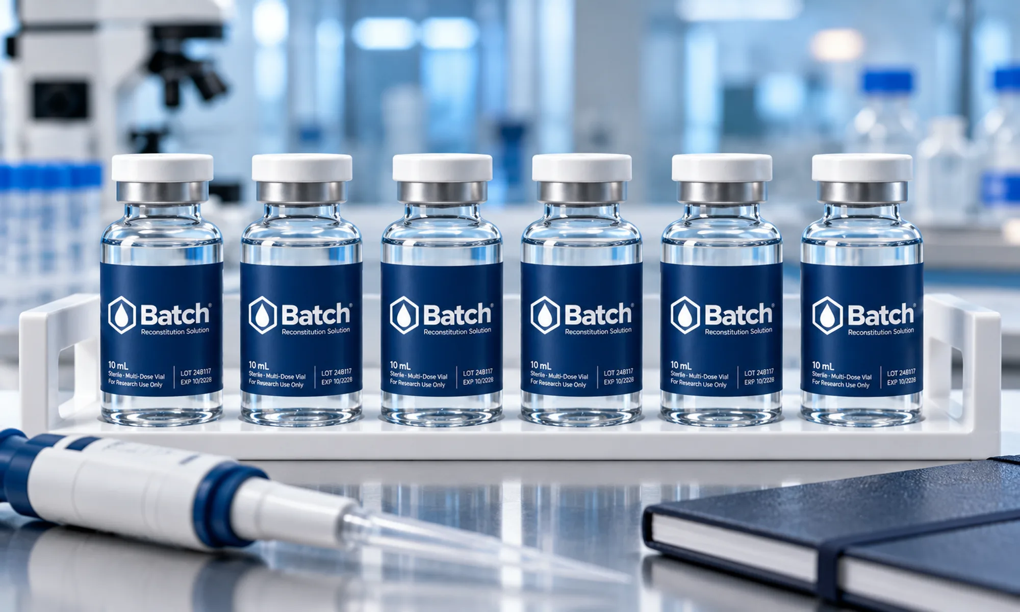 Batch vials in a lab rack (demonstration labels)