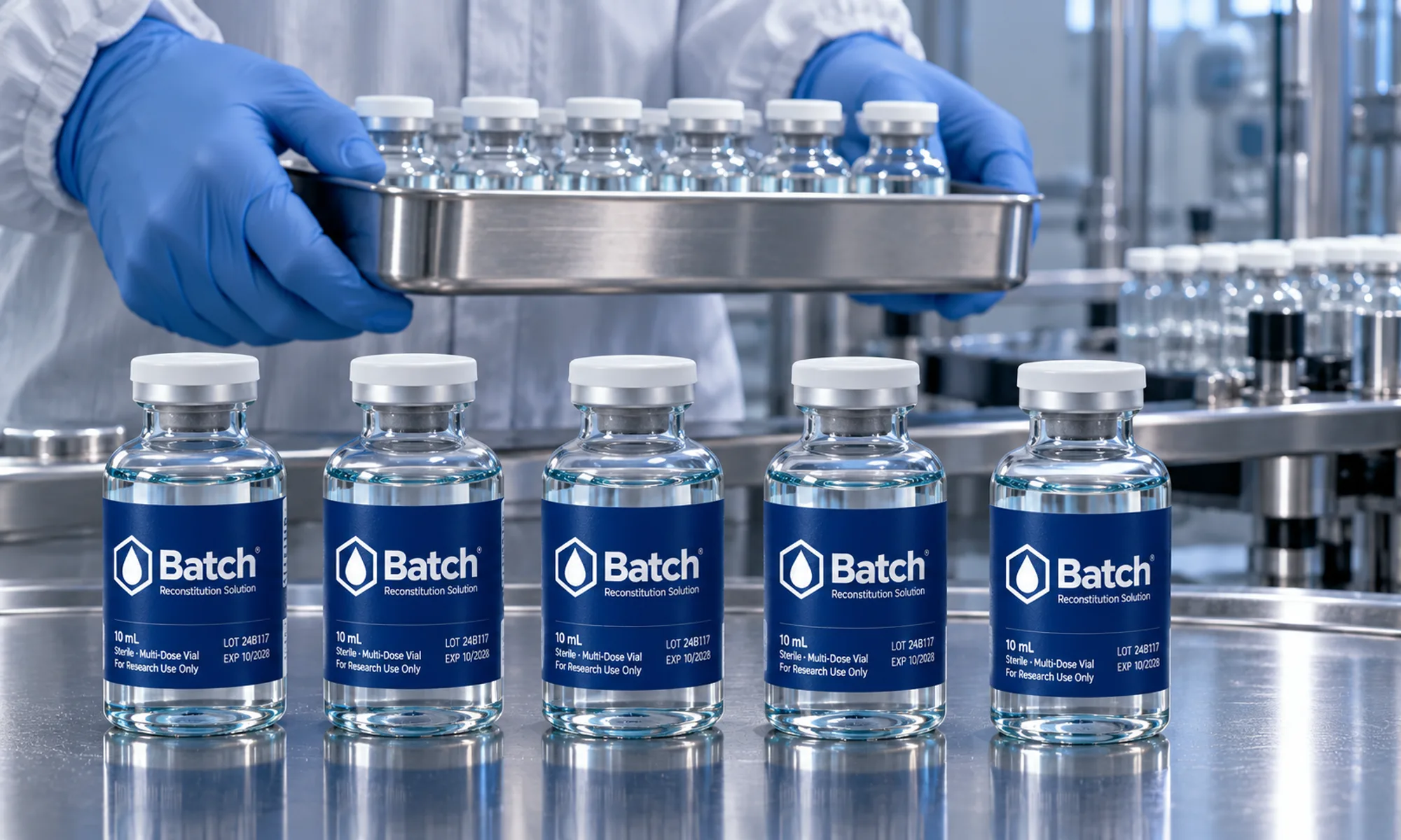 Vials on a cleanroom filling line (illustrative)