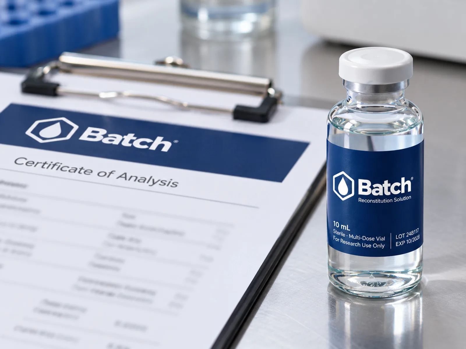 Certificate of Analysis beside a Batch vial (illustrative)