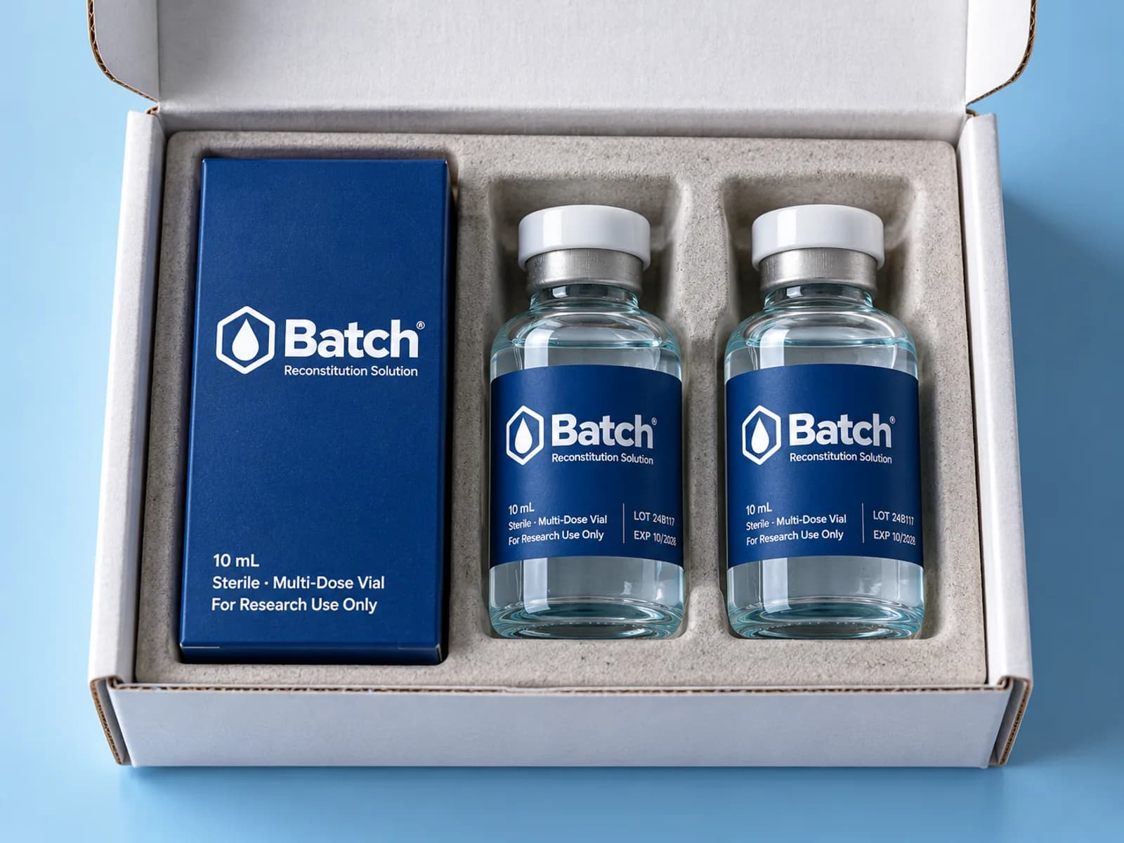 Discreet mailer with a Batch carton and vials (demonstration packaging)